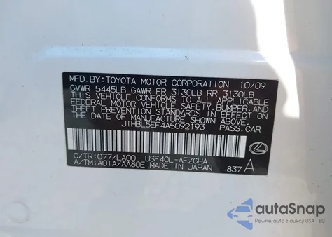 2010 Lexus Ls 460 z USA, uszkodzony, nr VIN JTHBL5EF4A5092193